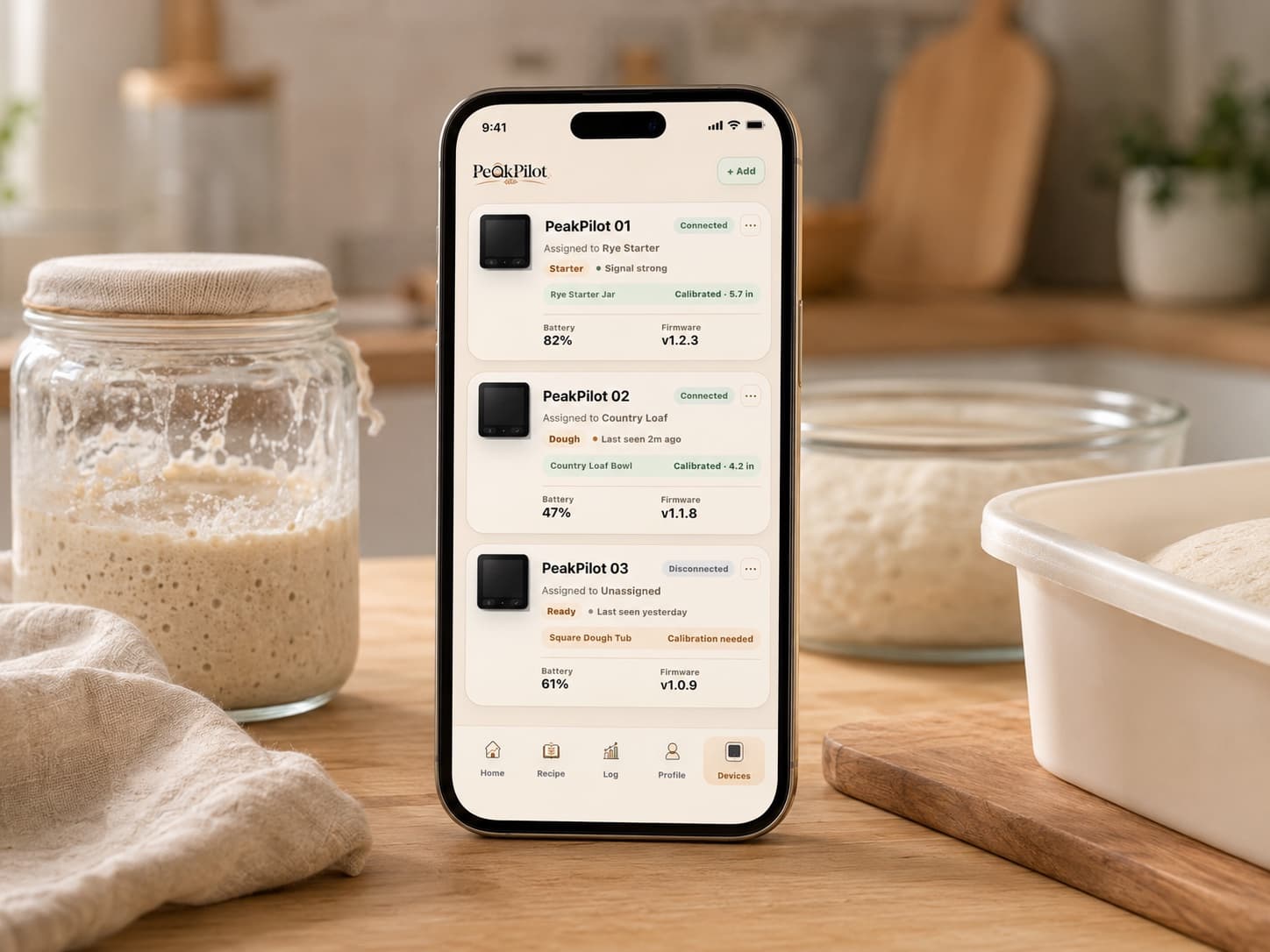 PeakPilot app device management screen beside starter jar, dough bowl, and square container.