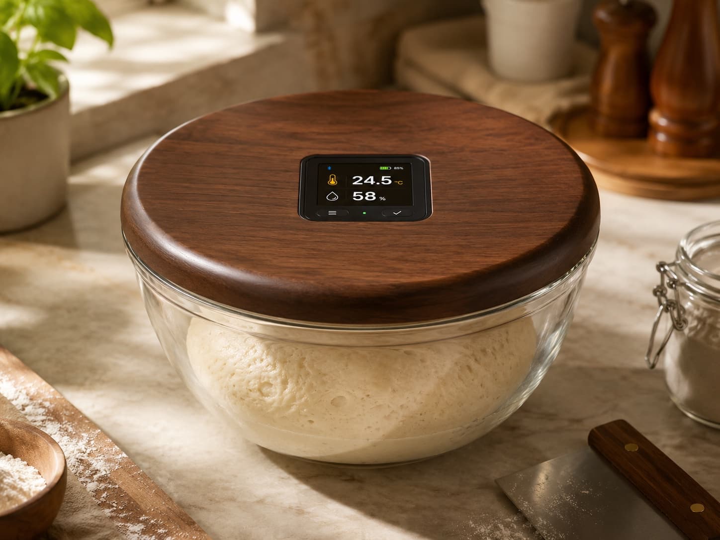 PeakPilot smart glass fermentation bowl for dough on a kitchen counter.
