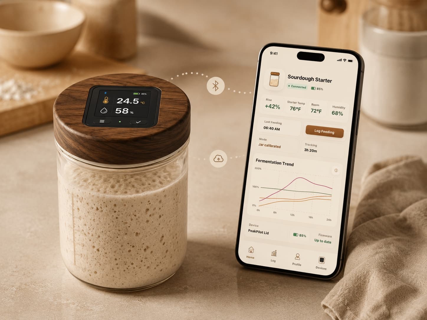 PeakPilot smart fermentation container system with starter jar and app in a warm kitchen scene.