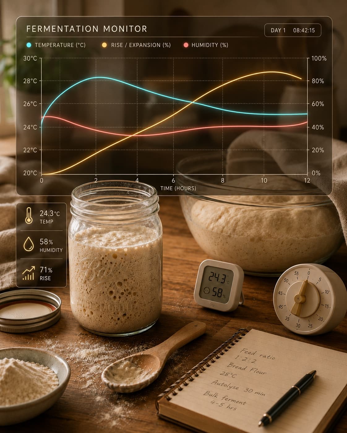 Warm kitchen fermentation scene with sourdough starter jar, dough bowl, thermometer, timer, and baking notebook.