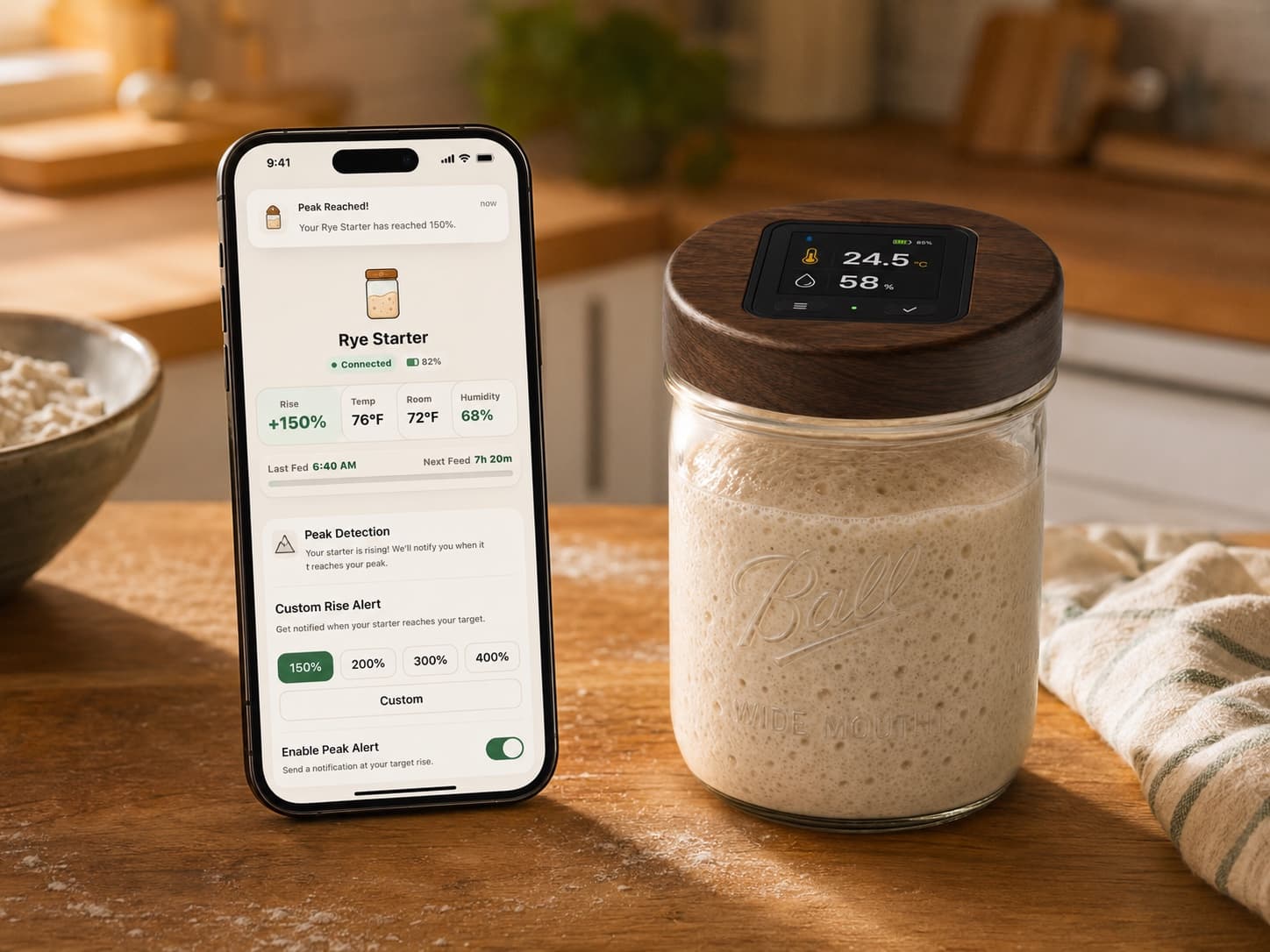 PeakPilot app showing peak and custom rise alerts beside a smart starter container.