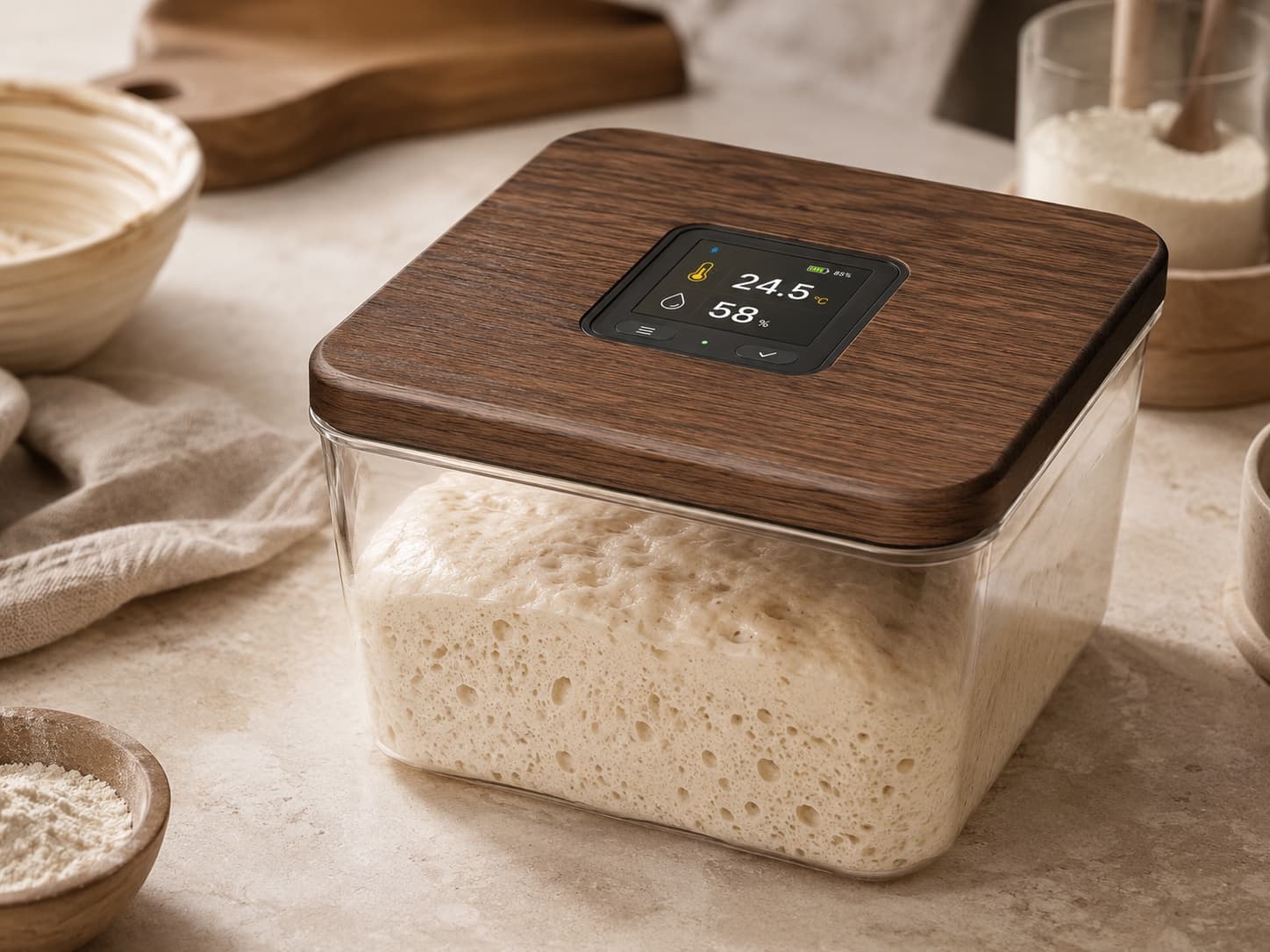 Rectangular PeakPilot smart dough container on a warm kitchen counter.