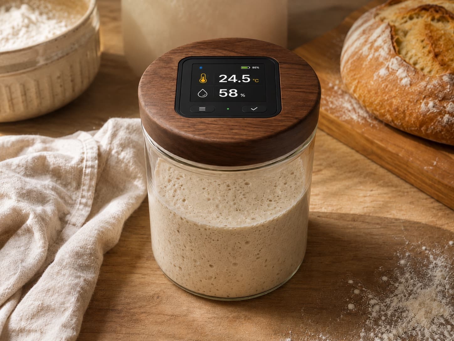 Straight-sided PeakPilot smart starter jar on a warm wooden counter.