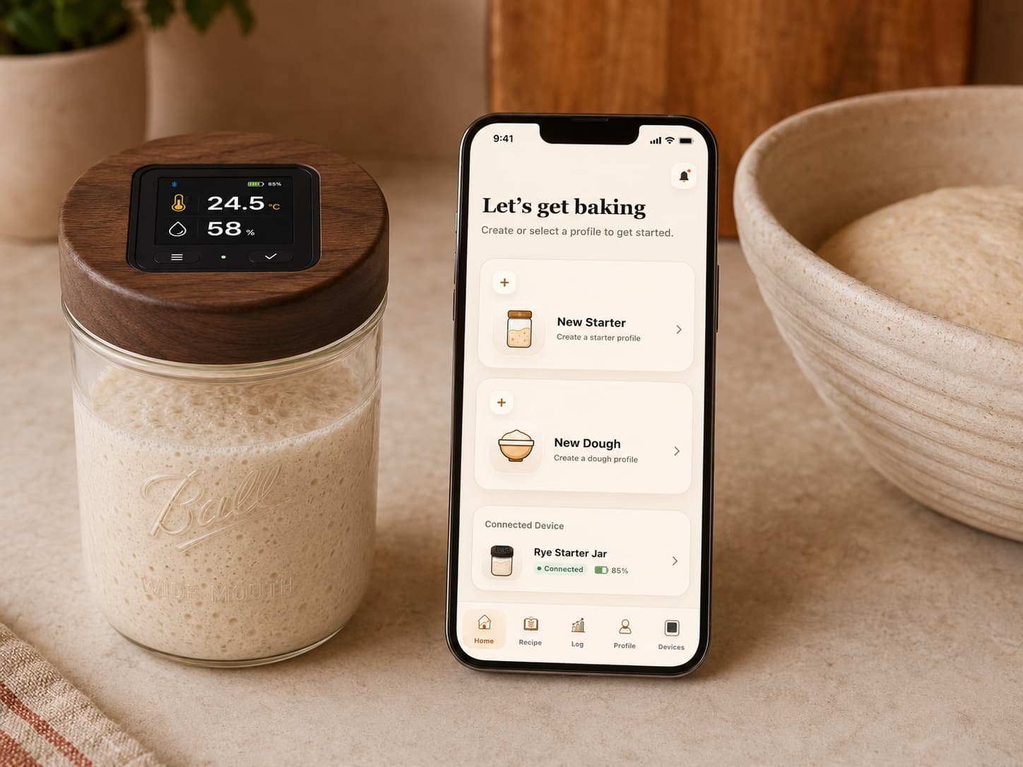 PeakPilot app profile and device management screen beside starter and dough setup.